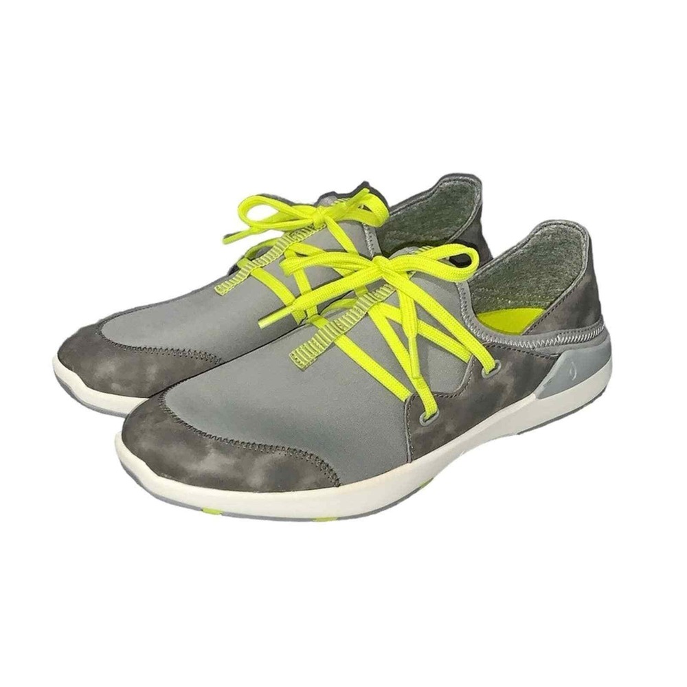 OluKai Miki Li Sneakers Womens 10 Gray Neon Yellow Drop-In Heel 20366-PG26